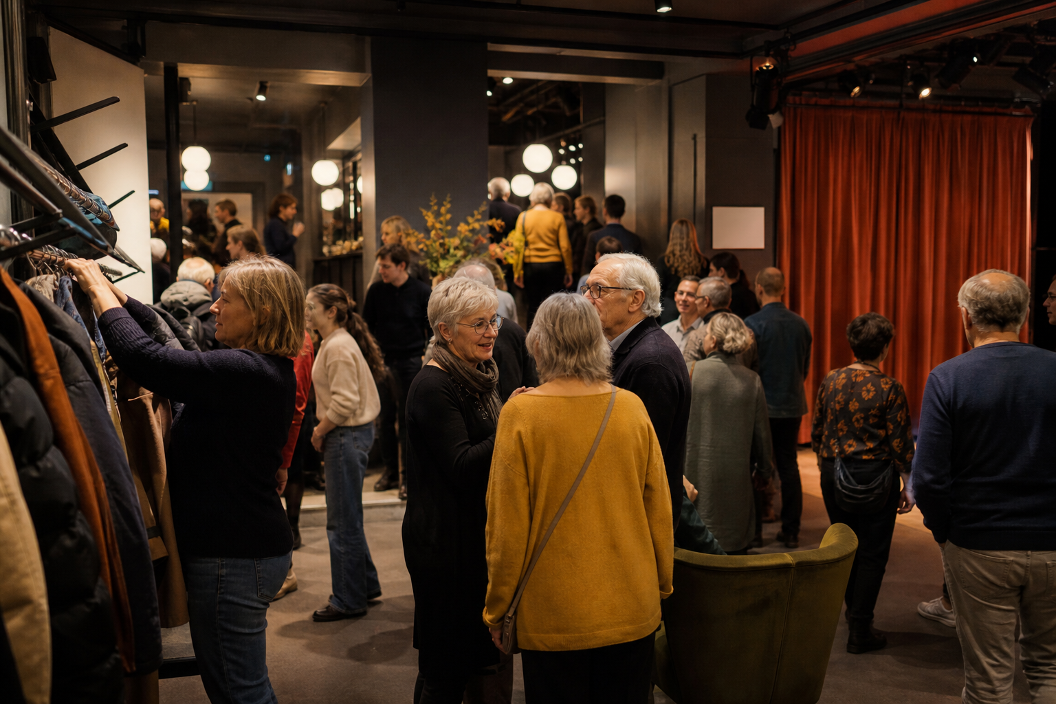 Publiek praat en hangt jassen op voor een voorstelling in een kleine theaterzaal