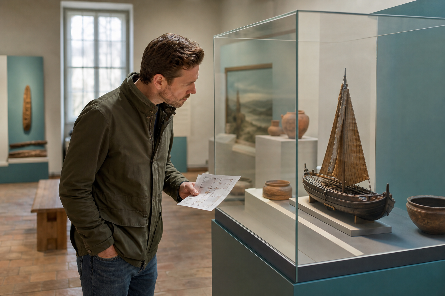 Bezoeker bekijkt aandachtig een historisch scheepsmodel in een museumvitrine